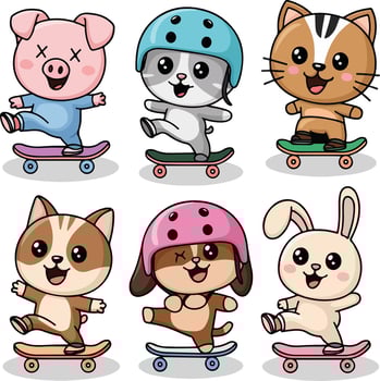 cartoon animals on skateboards cat pig rabbit stickers vector