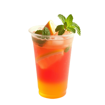 A colorful beverage in a clear plastic cup with ice. png