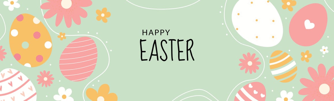 Happy Easter banner with pastel decorated eggs, floral elements, and green background. Minimalistic and festive design for spring celebration. Cute flat Easter greeting card. vector