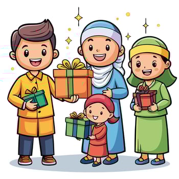 muslim family with gift box illustration ON A WHITE BACKGROUND vector