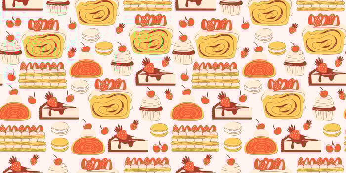 Pastry seamless pattern, baked goods and sweet desserts. Mille feuille, cheesecake, cupcake, macarons, strudel, bread with strawberry. Illustration, flat hand drawn style. Isolated background. vector