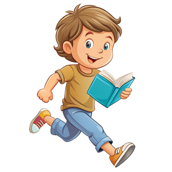 A little boy reading book while running is isolated on transparent background png
