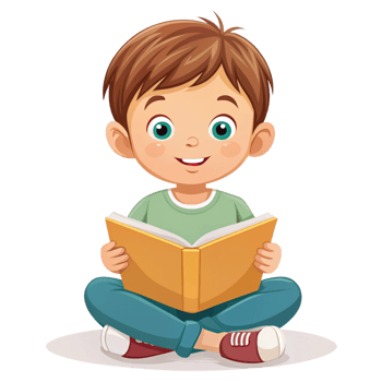 A little boy setting and reading book is isolated on transparent background png