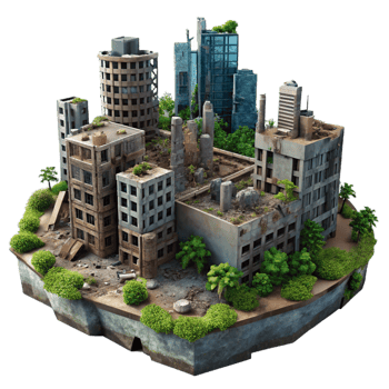 vibrant artistic A Post Apocalyptic Cityscape with Ruined detailed png