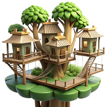 stunning rustic Treehouse Village Interconnected Rope Bridges exclusive png