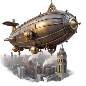 dramatic contemporary A Steampunk Zeppelin Flying over a Citysc high quality png