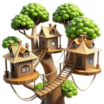 beautiful artistic Giant Treehouse Village Connected by Rope high quality png
