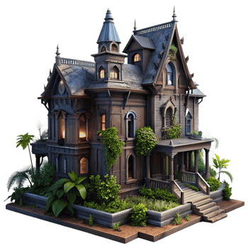 serene classic A Dilapidated Victorian Mansion Overgrown detailed png