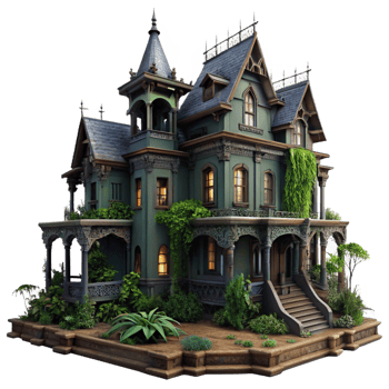dramatic abstract A Dilapidated Victorian Mansion Overgrown authentic png