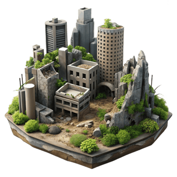 serene abstract Post Apocalyptic Cityscape Ruined Buildi premium png