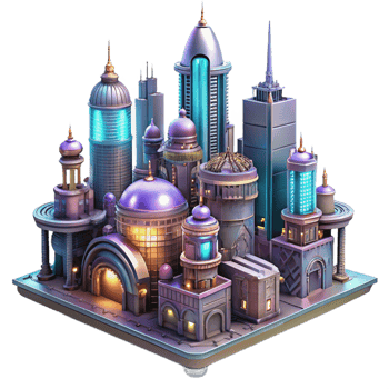 vibrant minimalist Steampunk Cityscape Towering Buildings genuine png