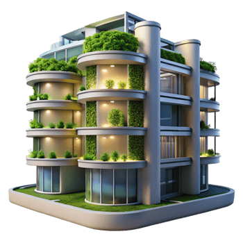 vibrant artistic A Futuristic Apartment Complex with Verti detailed png