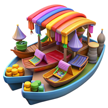 beautiful minimalist Vibrant Boats Floating Market Scene high quality png