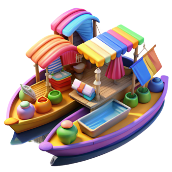 dramatic creative Colorful Boats Floating Market Scene high quality png