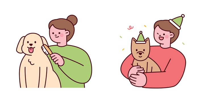 Cute illustration of people taking care of their dogs, including grooming and celebrating a special occasion. A heartwarming pet and owner relationship concept. vector