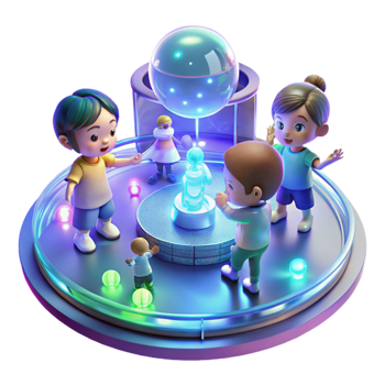 vibrant modern A Group of Children Playing with Holographi premium png