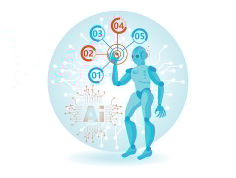 A humanoid robot interacting with a graphically represented brain. vector