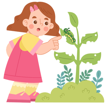 Illustration of Girl Observing Caterpillar on Plant png