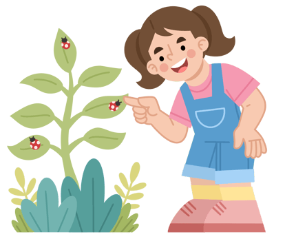 Illustration of a curious girl looking at ladybugs png