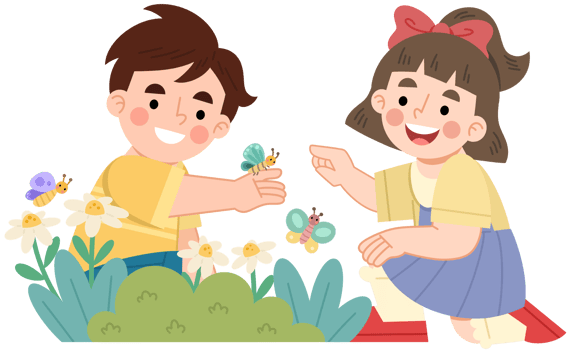Illustration of Children Playing with Butterflies in a Garden png