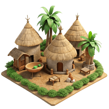 stunning contemporary Indigenous Village Scene with Huts and People Cutout original png