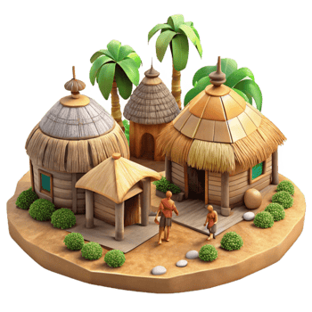 serene abstract Indigenous Village Scene with Huts and People Cutout detailed png