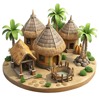 magnificent contemporary Indigenous Village Scene with Huts and People Cutout professional png