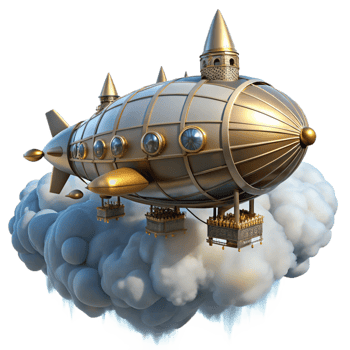 beautiful contemporary Steampunk Zeppelin over Cloudy City high quality png