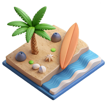 dramatic vintage Isometric Beach Scene with Surfboard Cutout genuine png