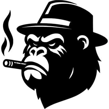 Tattoo of mafia gangster in hat with cigar in his teeth was burning in monochrome. Chimpanzee bandit. Engraving minimalistic image in black ink drawing on white background vector