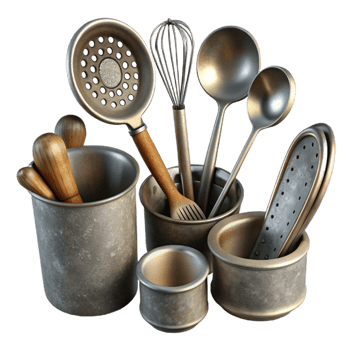 elegant traditional Kitchen Utensils Set Metal Isolated on White Background exclusive png