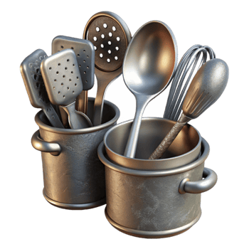 beautiful artistic Kitchen Utensils Set Metal Isolated on White Background high quality png