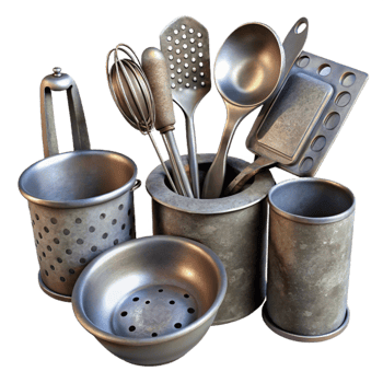stunning rustic Kitchen Utensils Set Metal Isolated on White Background authentic png