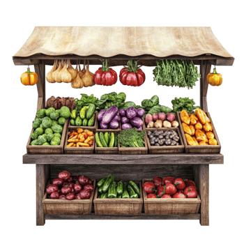 Rustic Wooden Market Stall with Fresh Produce png