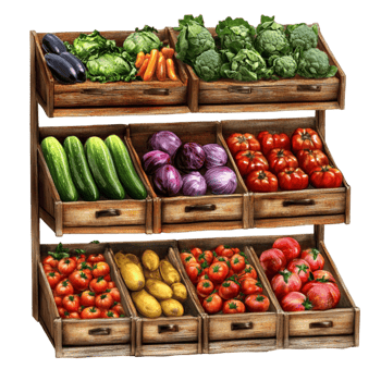 Vegetable Display Rack with Wooden Shelves png
