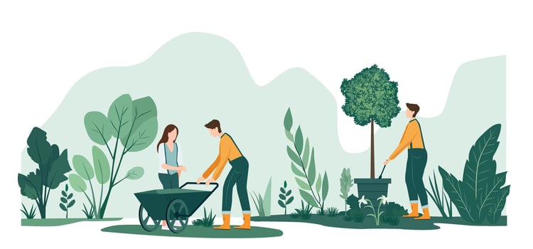 People planting trees, green grass, and leaves in flat illustration, People working in a garden vector