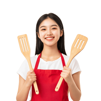 A young woman holding two wooden spoons png