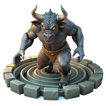 impressive traditional A Powerful Minotaur Charging Through a Lab png