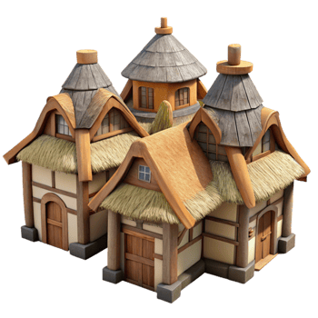 vibrant rustic Medieval Village Houses Thatched Roofs Transparent Background exclusive png