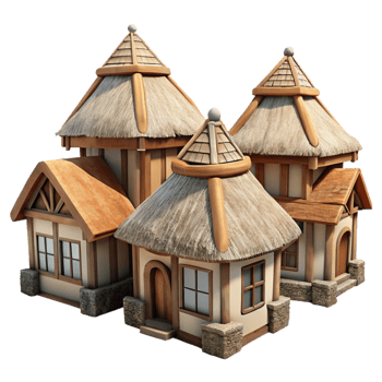 beautiful minimalist Medieval Village Houses Thatched Roofs Transparent Background genuine png