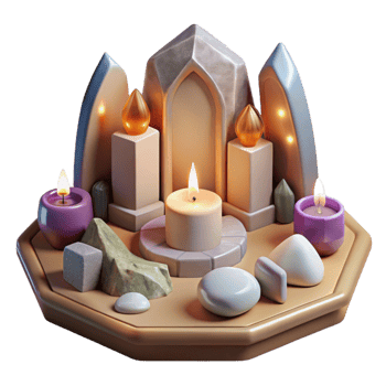 impressive traditional Meditation Altar Candles and Crystals Transparent Background png