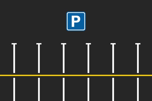 Parking area with empty spaces for cars. Asphalt surface with parking sign, top view. vector