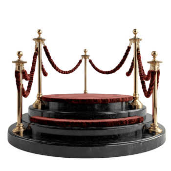 Elegant three-tiered marble podium with red velvet rope stanchions png