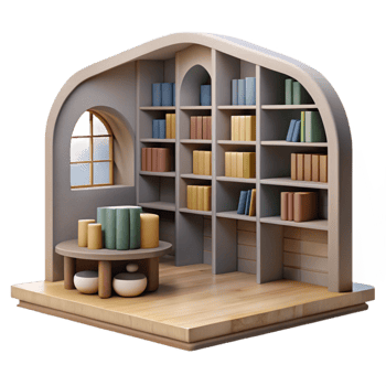 serene vintage Modern Library Interior with Bookshelves Cutout Element authentic png