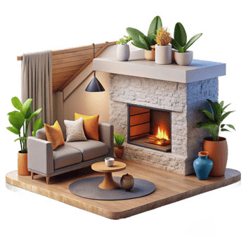 dramatic vintage Modern Living Room with Fireplace Isolated original png