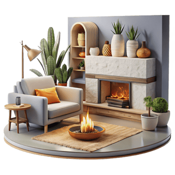 serene contemporary Modern Living Room with Fireplace Isolated genuine png
