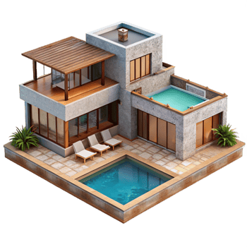beautiful contemporary Modern Villa with Pool Isolated on Transparent Background detailed png