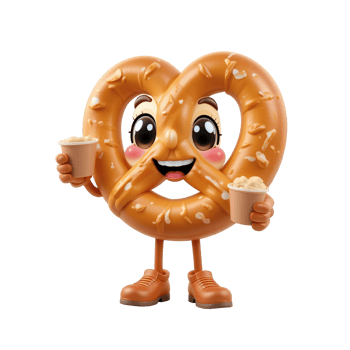 A Happy Pretzel Character Holding Two Cups Isolated on Transparent Background png