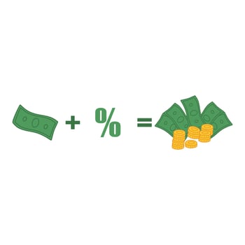 investment golden coins, percentage and dollar bills. Investing strategy, fundamental analysis. invest and increase your savings. Compound interest, reinvesting, earn money vector