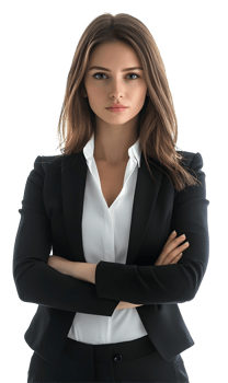 Confident businesswoman posing with arms crossed embodying professionalism and success aura png